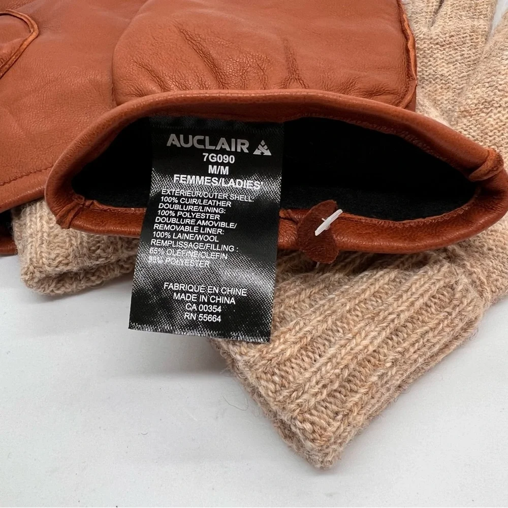 Auclair Leather Gloves M Medium Brown Wool Lined Winter Warm